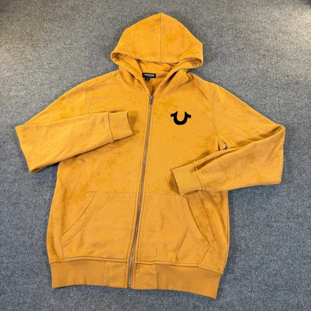 True Religion Mens Mustard Yellow Full Zip Horseshoe Graphic Hoodie Medium #3295